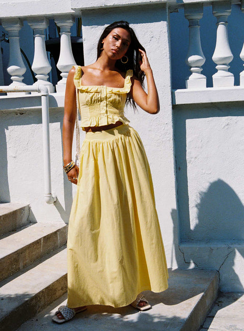 front view of model wearing Princess Polly Isadoria Frill Top Yellow Sleeveless Square Neck 