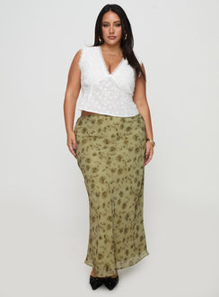   front view of model wearing Princess Polly Piazia Maxi Skirt Green Curve Maxi Skirts Skirts 