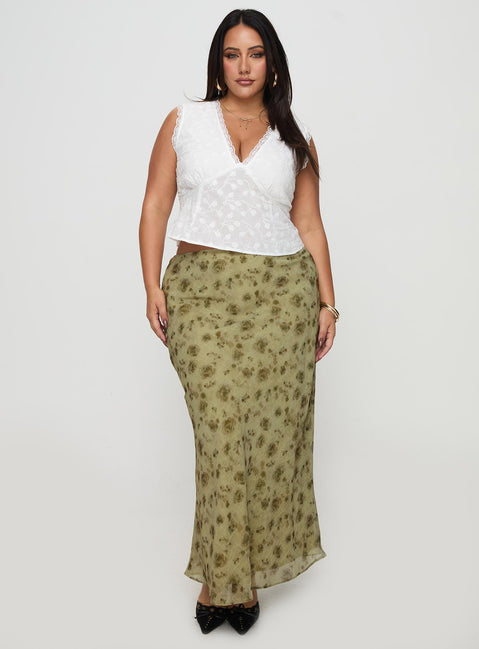   front view of model wearing Princess Polly Piazia Maxi Skirt Green Curve Maxi Skirts Skirts 