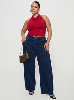 front view of model wearing Princess Polly Britta Mid Rise Tapered Leg Jeans Dark Wash Curve High Rise Jeans Jeans 