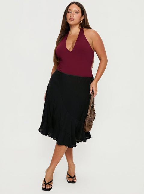 back view of model wearing Princess Polly With Kindness Midi Skirt Black Curve Midi Skirts Skirts 