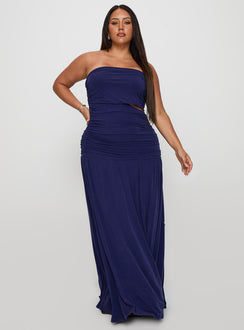 front view of model wearing Princess Polly Grandeur Strapless Maxi Dress Navy Curve Straight Neck 