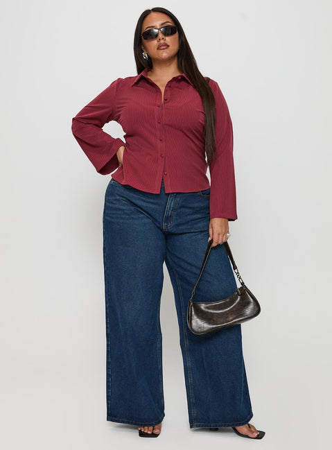 side view of model wearing Princess Polly Anni Pinstripe Shirt Red Curve Full Sleeves V-Neck 