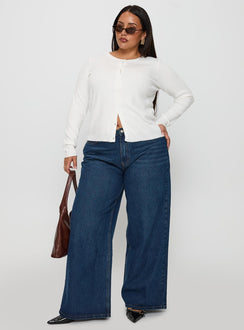side view of model wearing Princess Polly Lauraine Cardigan White Curve regular Jumpers 