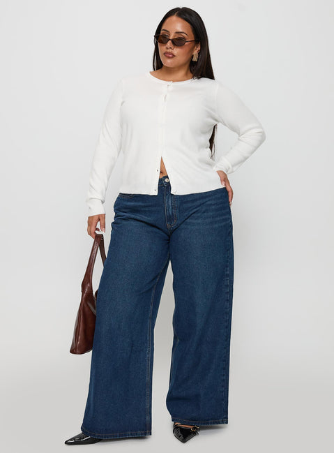 side view of model wearing Princess Polly Lauraine Cardigan White Curve regular Jumpers 
