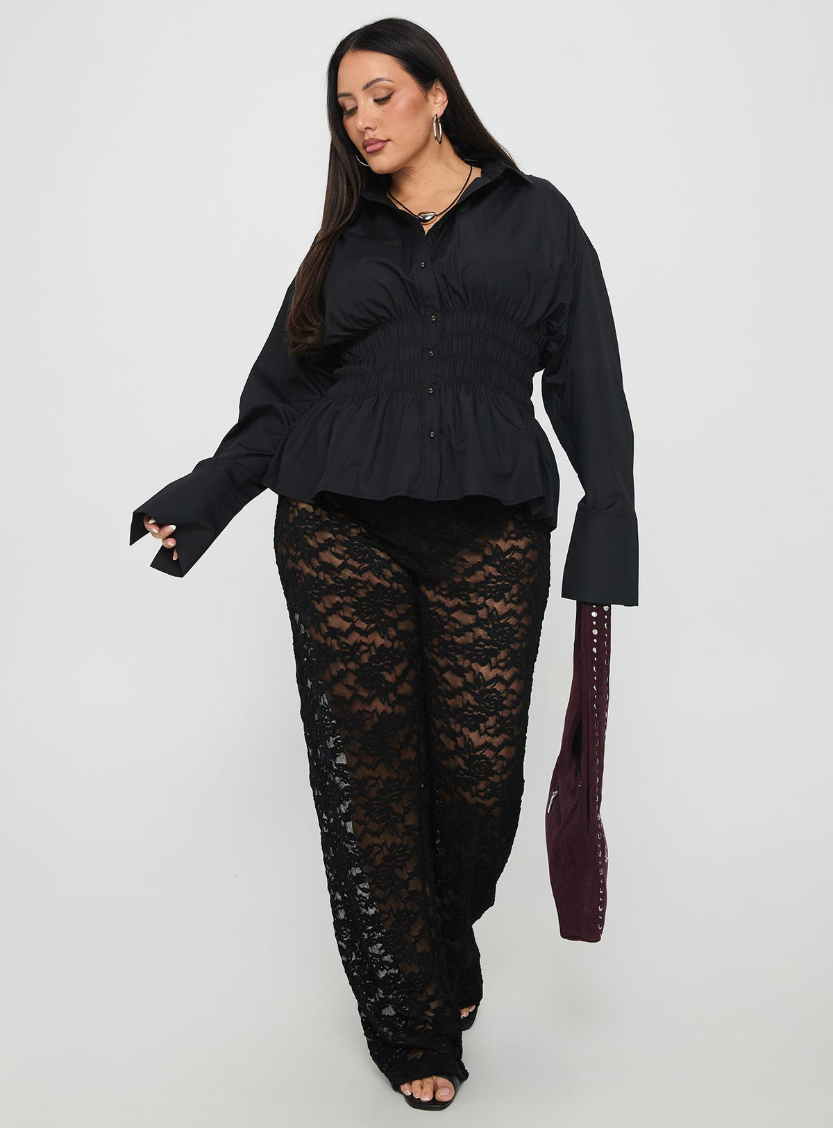 side view of model wearing Princess Polly Peru Lace Pants Black Curve High Rise Pants Pants 