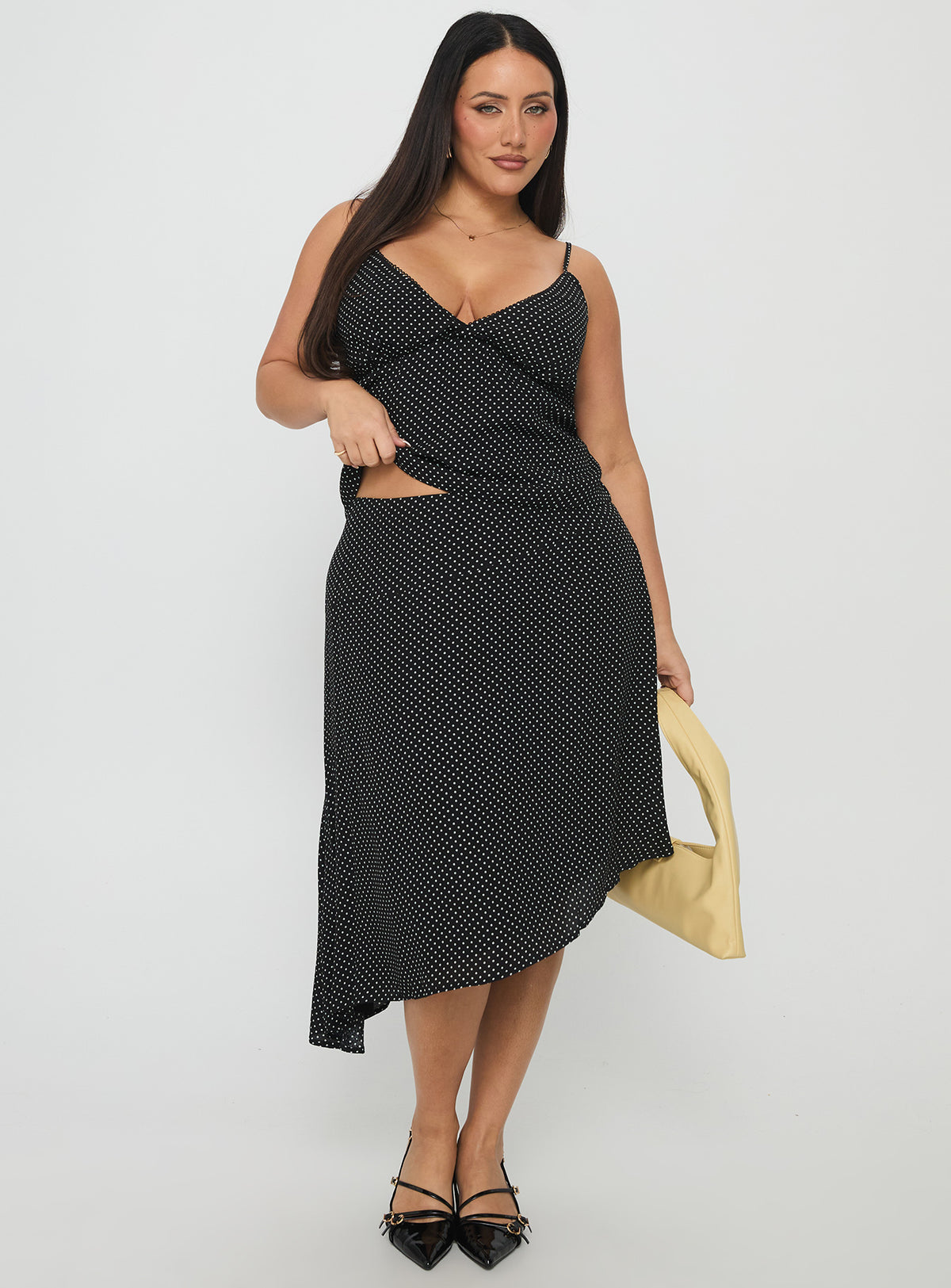 Cabernet Asymmetrical Set Black Polka Curve