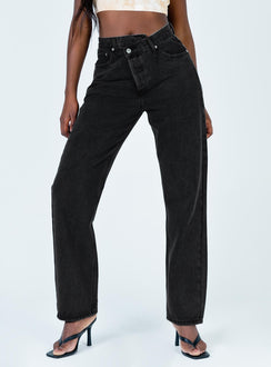 product Princess Polly High Waisted  Holly Asymmetric Straight Leg Jean Black Denim