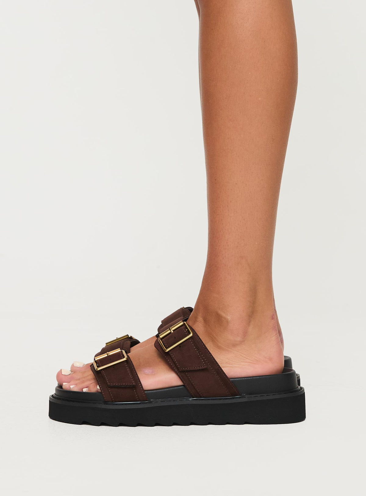 Sandals, double adjustable upper straps Chunky treaded sole, padded footbed