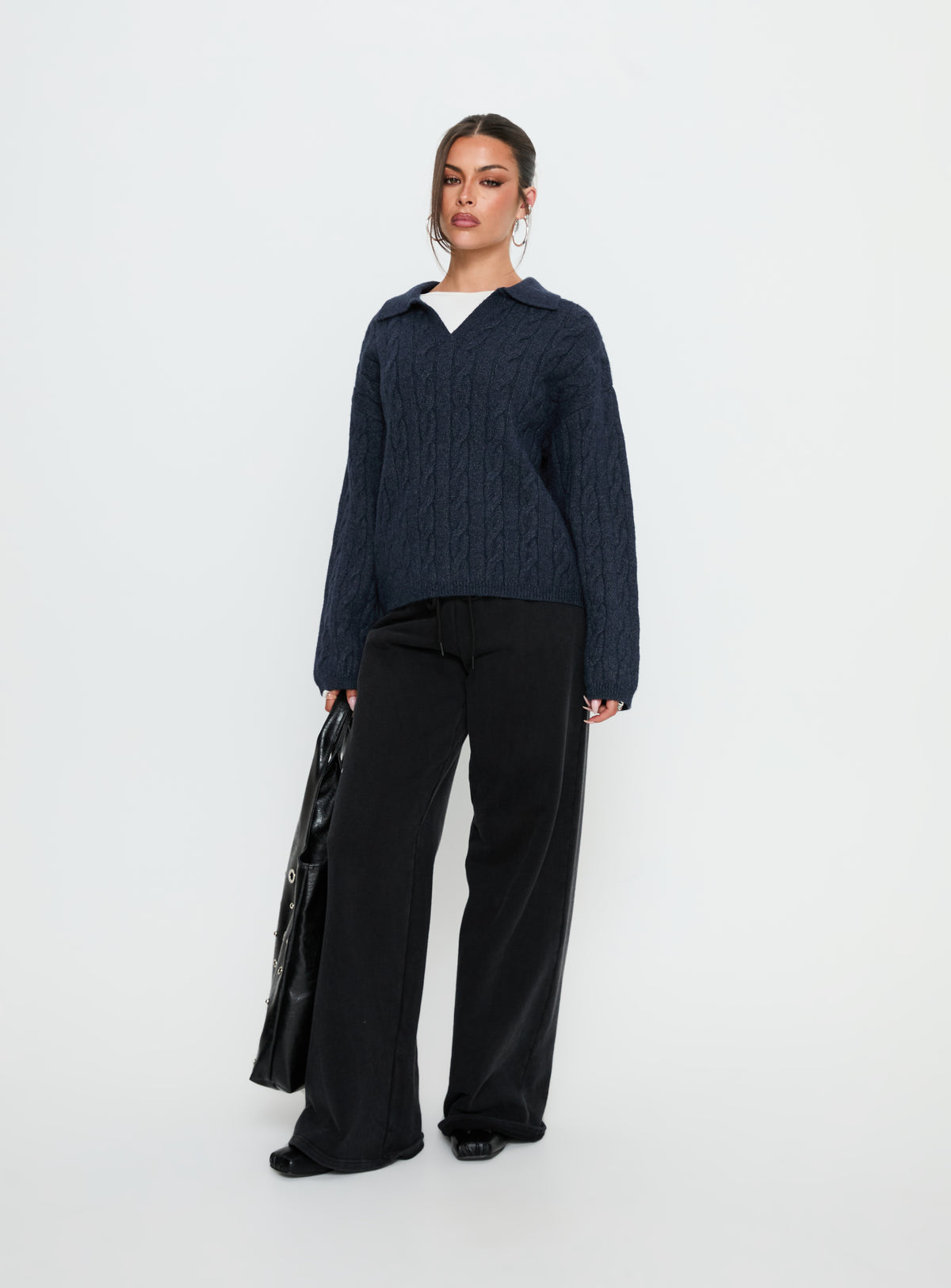 front view of model wearing Princess Polly Brodey Collared Cable Knit Sweater Navy Jumpers 