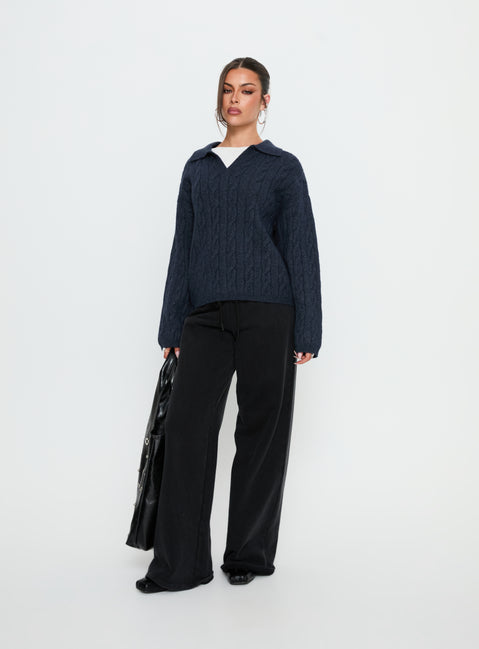 front view of model wearing Princess Polly Brodey Collared Cable Knit Sweater Navy Jumpers 