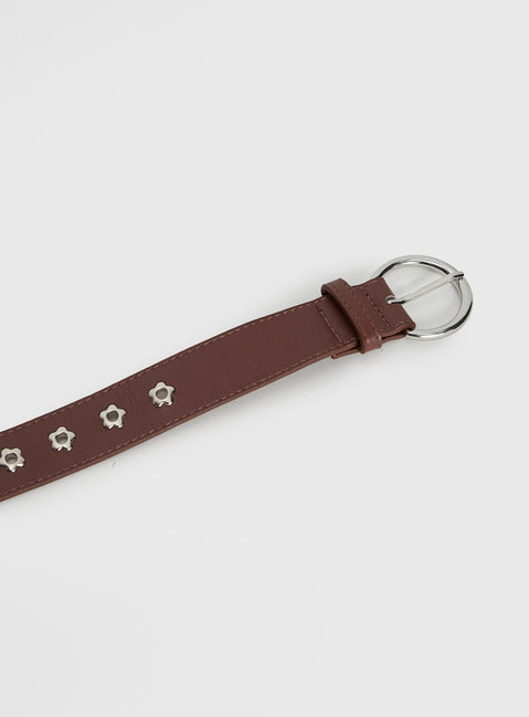 Alstro Faux Leather Flower Studded Belt Brown / Silver