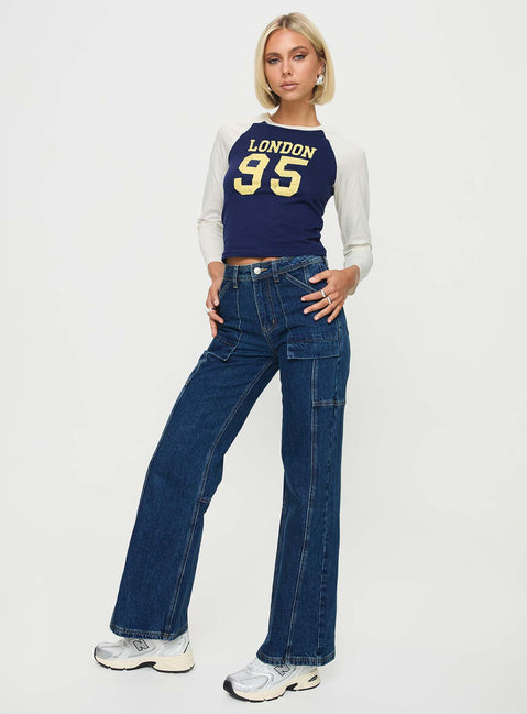 front view of model wearing Princess Polly Chad High Rise Wide Leg Cargo Jeans Dark Wash Denim Mid Rise Jeans Jeans 
