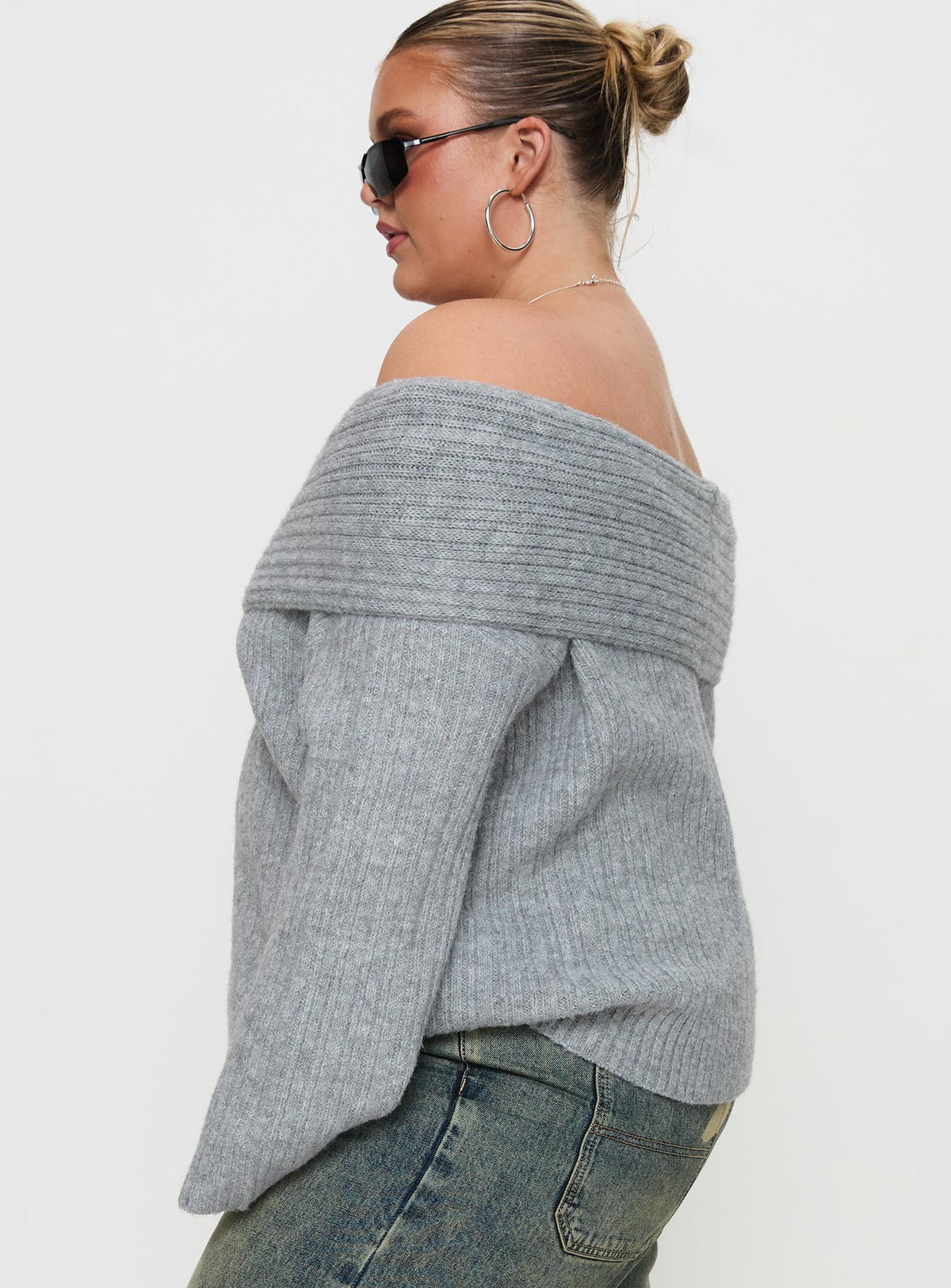 side view of model wearing Princess Polly Snowie Off Shoulder Knit Sweater Grey Curve Jumpers 