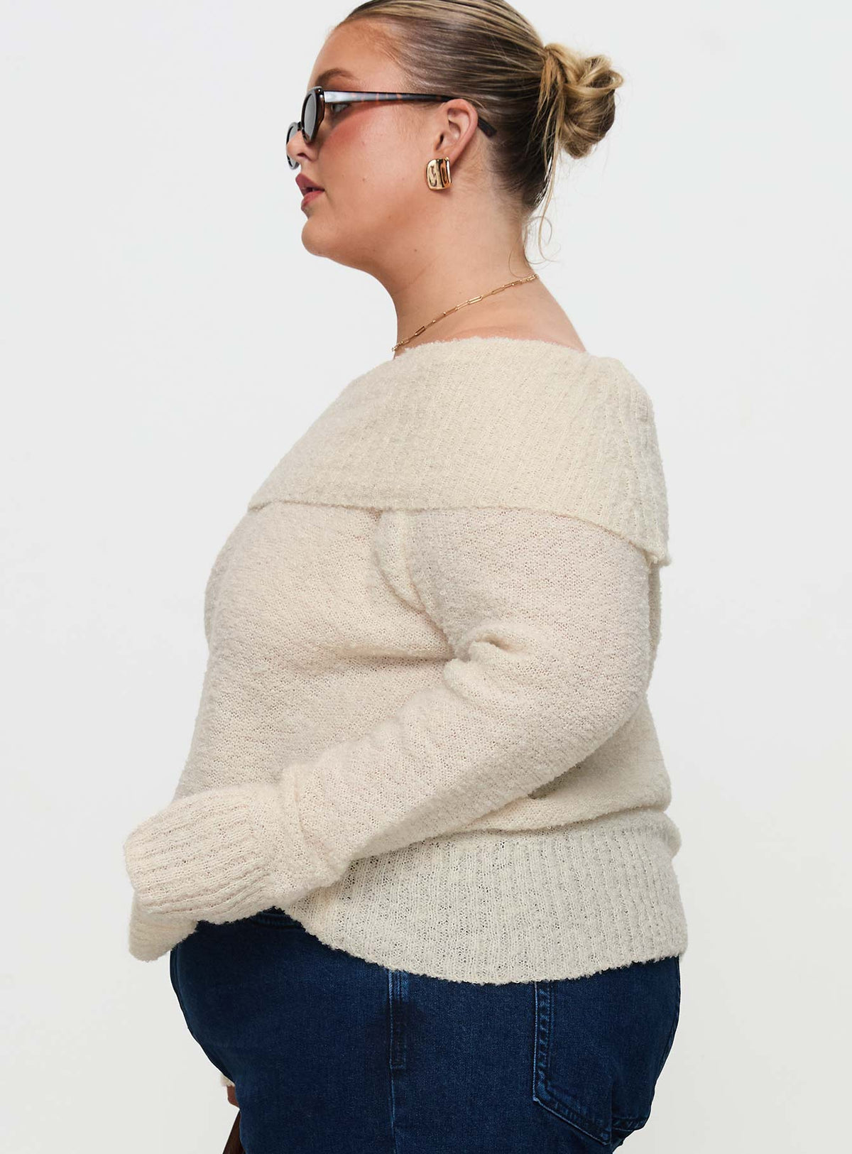 side view of model wearing Princess Polly Parkley Boucle Off The Shoulder Cream Curve Jumpers 