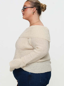 side view of model wearing Princess Polly Parkley Boucle Off The Shoulder Cream Curve Jumpers 