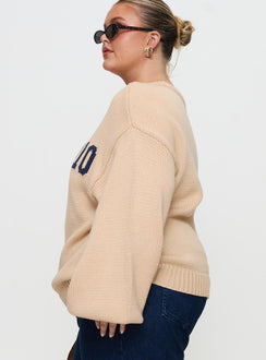 side view of model wearing Princess Polly Jadynn Off Shoulder Knit Sweater Cream Curve Jumpers 