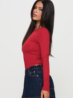side view of model wearing Princess Polly Beresford Long Sleeve Bodysuit Wine Long Sleeve Tops Bodysuit 
