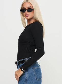 side view of model wearing Princess Polly Miyako Long Sleeve Bodysuit Black Long Sleeve Tops Bodysuit 