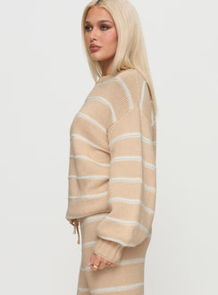 side view of model wearing Princess Polly Read Your Mind Knit Sweater Cream Stripe Jumpers 
