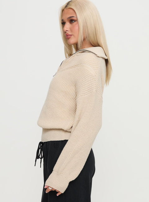 side view of model wearing Princess Polly Fireheart Zip Through Knit Sweater Beige Cropped Jumpers Jumpers 