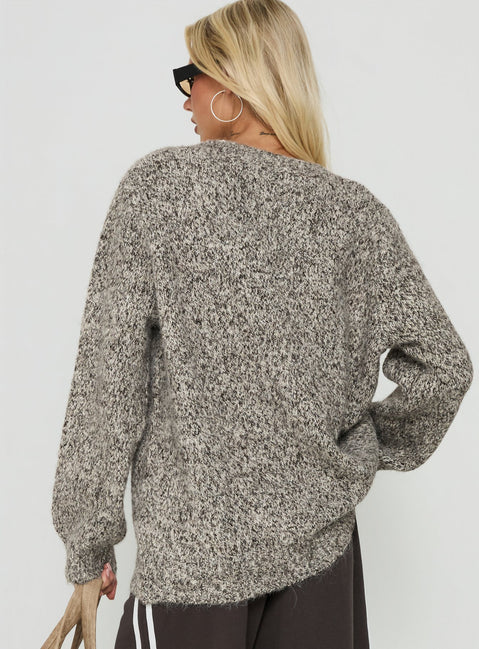 Designed with the Ladiya V Neck Knit Sweater Brown Speckle womens-jumpers in long oversized fit back view of model wearing Princess Polly