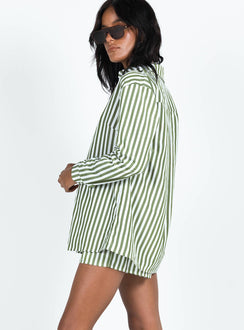 Matching set Striped print Classic collar Button front fastening Single-button cuff High waisted shorts  Drawstring waistband