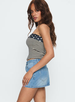   side view of model wearing Princess Polly Cailin Denim Mini Skirt Light Blue Wash Skirts 
