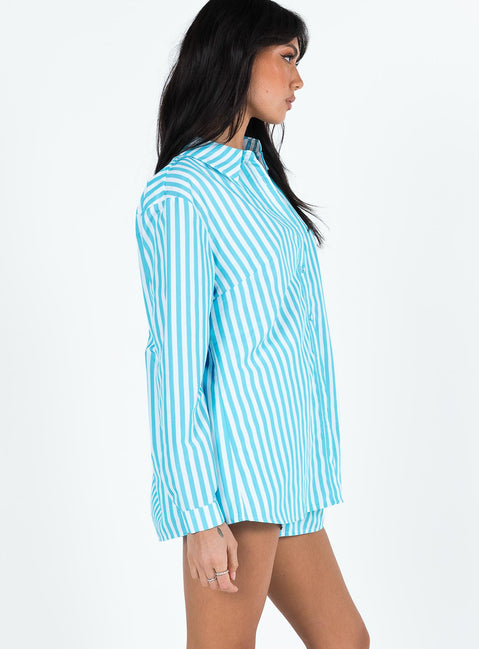 Matching set Striped print Classic collar Button front fastening Single-button cuff High waisted shorts  Drawstring waistband