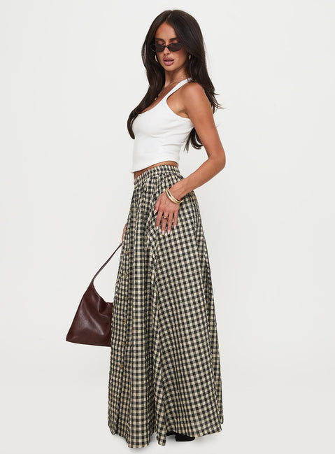   side view of model wearing Princess Polly Cartmel Check Maxi Skirt Black / Cream Maxi Skirts Skirts 