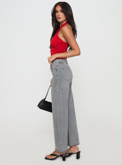 side view of model wearing Princess Polly Fawcett Jeans Grey Wash Denim High Rise Jeans Jeans 
