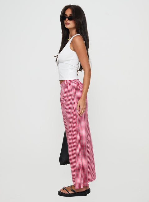 side view of model wearing Princess Polly Beach House Pants Red Gingham High Rise Pants Pants 