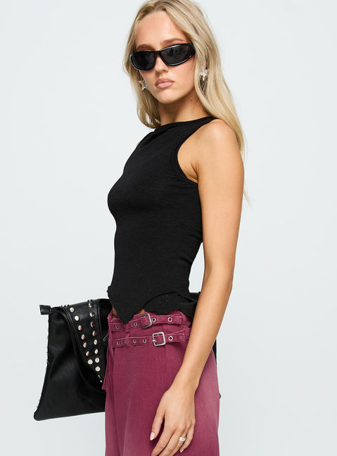 side view of model wearing Princess Polly Lefort Tank Top Black Sleeveless Boat Neck 