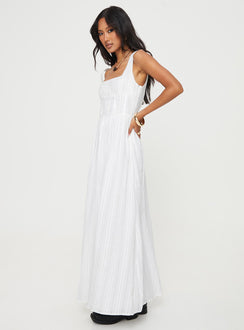 side view of model wearing Princess Polly Lorinda Maxi Dress White Lower Impact Square Neck 