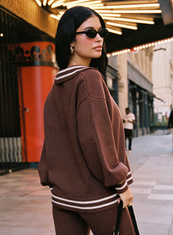 back view of model wearing Princess Polly Square One Collared Jumper Brown / Cream Longline Jumpers Jumpers 