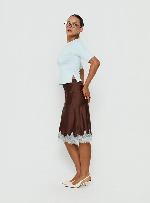 Showcasing timeless appeal, Miriza Lace Trim Midi Skirt Chocolate / Blue womens-skirts in fitted a-line silhouette side view of model wearing Princess Polly