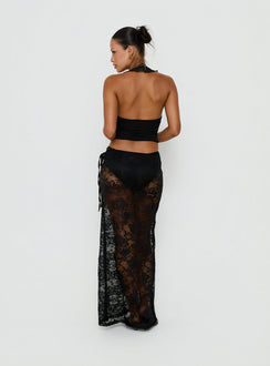 Crafted with the Marenya Lace Maxi Skirt Black womens-skirts in fitted maxi length back view of model wearing Princess Polly