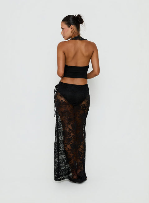 Crafted with the Marenya Lace Maxi Skirt Black womens-skirts in fitted maxi length back view of model wearing Princess Polly