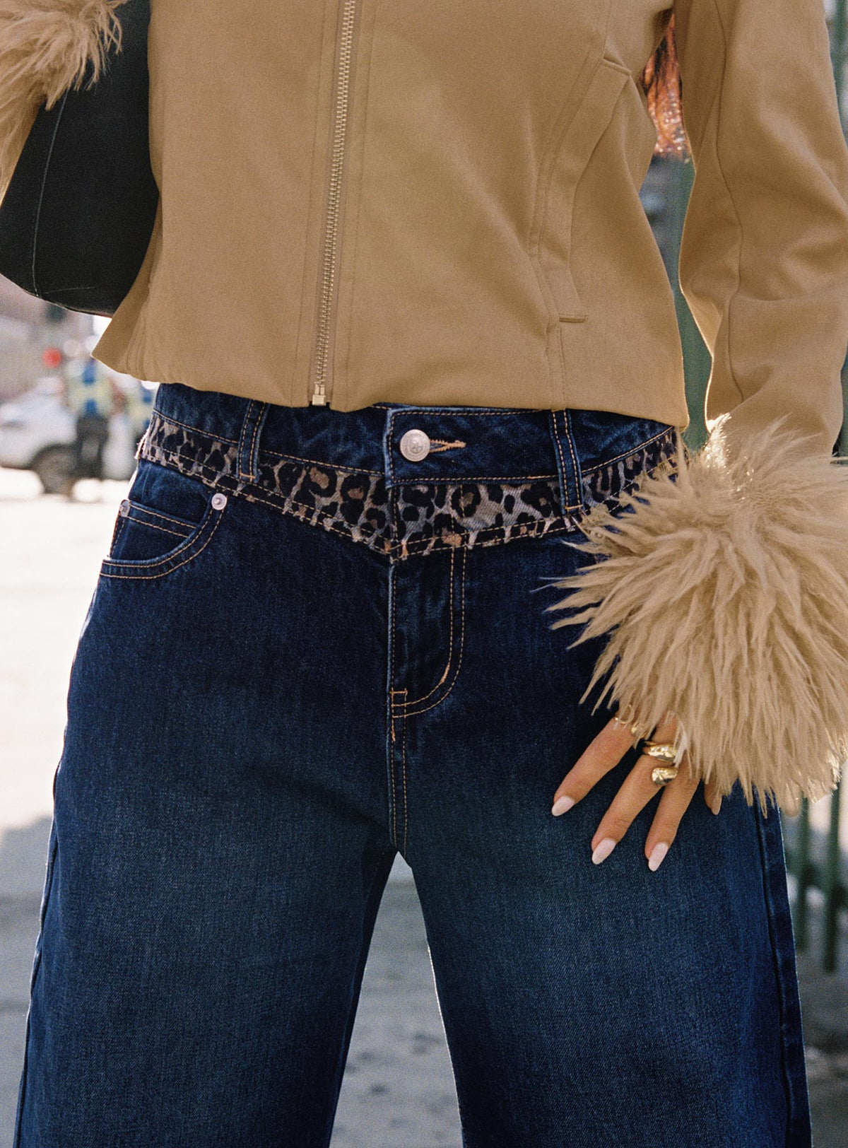 back view of model wearing Princess Polly Savenna Mid Rise Wide Leg Jeans Dark Wash / Leopard High Rise Jeans Jeans 