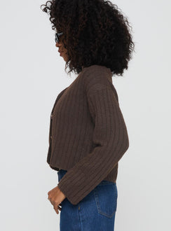 side view of model wearing Princess Polly Romona Knit Cardigan Chocolate Cropped Jumpers Jumpers 