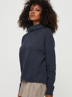 side view of model wearing Princess Polly Oswin Turtleneck Sweater Navy Longline Jumpers Jumpers 