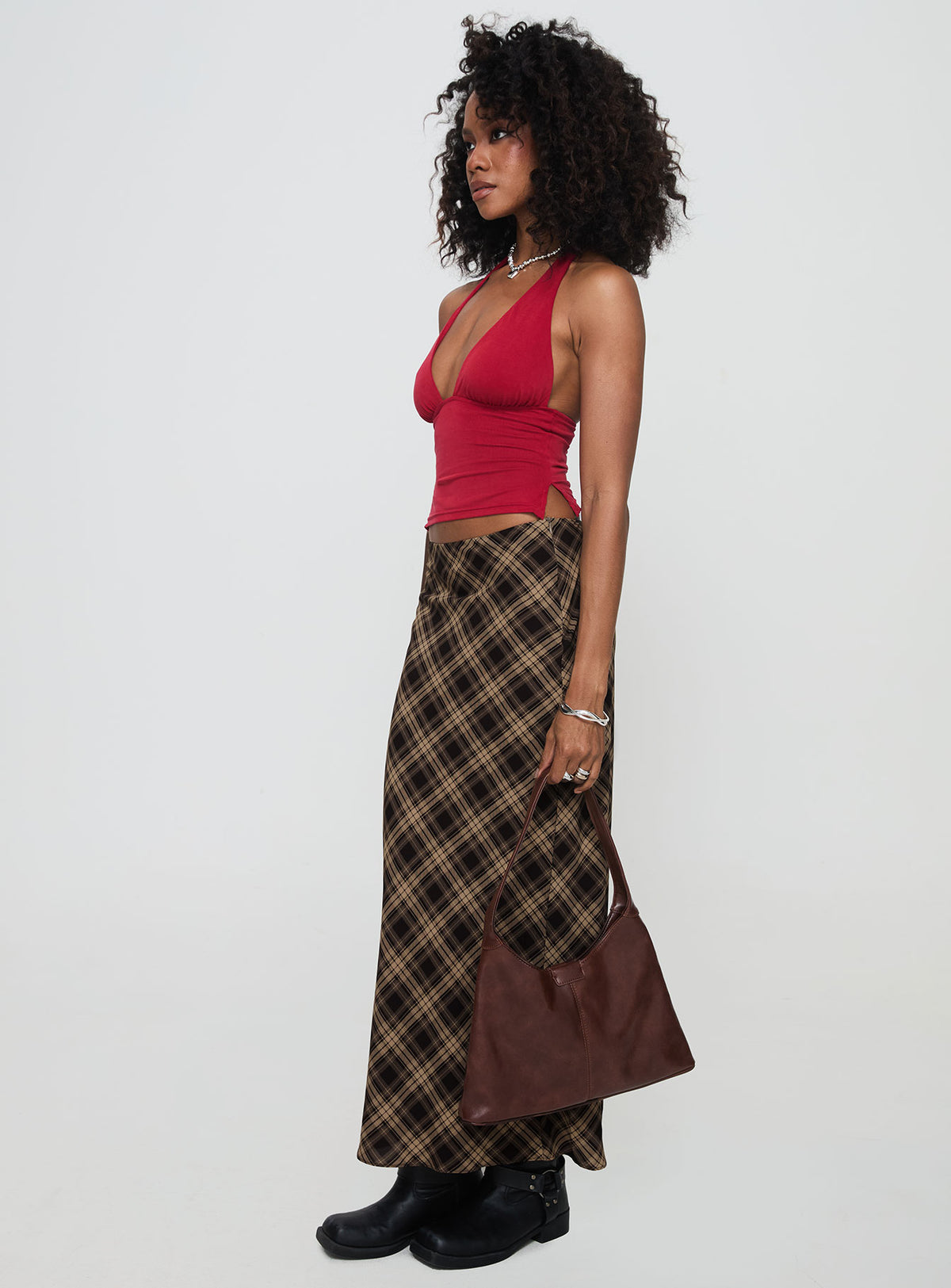 back view of model wearing Princess Polly Hayze Maxi Skirt Brown Check Maxi Skirts Skirts 