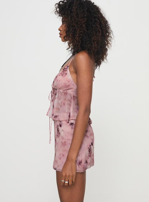 Matching set, floral print Halter neck top, plunging neckline, tie fastening at bust, adjustable coverage Mini skirt, invisible zip fastening at the side  Partially lined, non-stretch material 