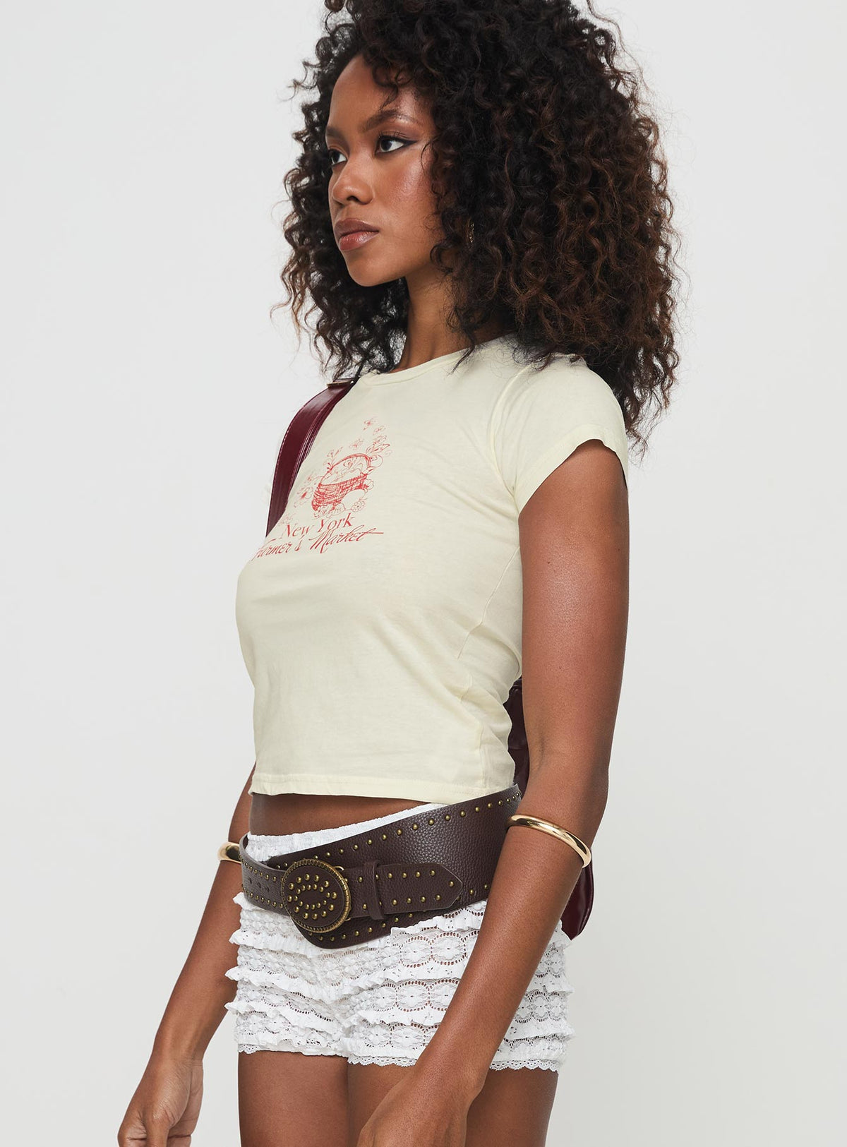 side view of model wearing Princess Polly NYC Farmers Market Tee White Short Sleeves Crew Neck 