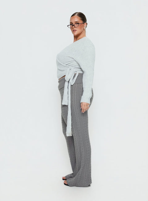 side view of model wearing Princess Polly Baleigh Cable Knit Foldover Pants Grey Curve High Rise Pants Pants 
