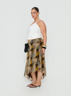 Featuring the Suella Asymmetrical Midi Skirt Animal Multi Curve in womens-skirts with fitted silhouette and frayed hem in animal-leopard print side view of model wearing Princess Polly