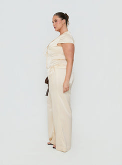 Shop the Aubrette Satin Tie Pants Cream Curve in womens-regular-pants featuring high-rise, belt accent and wide-leg design side view of model wearing Princess Polly
