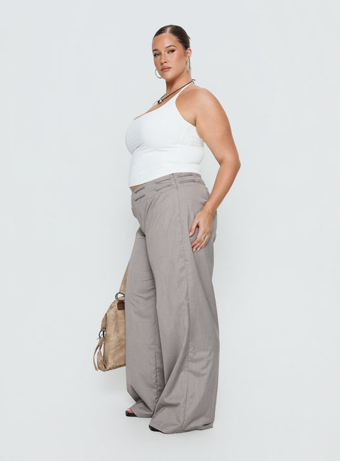 side view of model wearing Princess Polly Just Have Fun Wide Leg Pant Grey Curve Mid Rise Pants Pants 