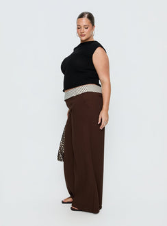 side view of model wearing Princess Polly Past Life Fold Over Waistband Pant Brown / Stripe Curve Mid Rise Pants Pants 