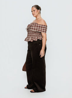 side view of model wearing Princess Polly Kenza Wide Leg Corduroy Pant Brown Curve Mid Rise Pants Pants 